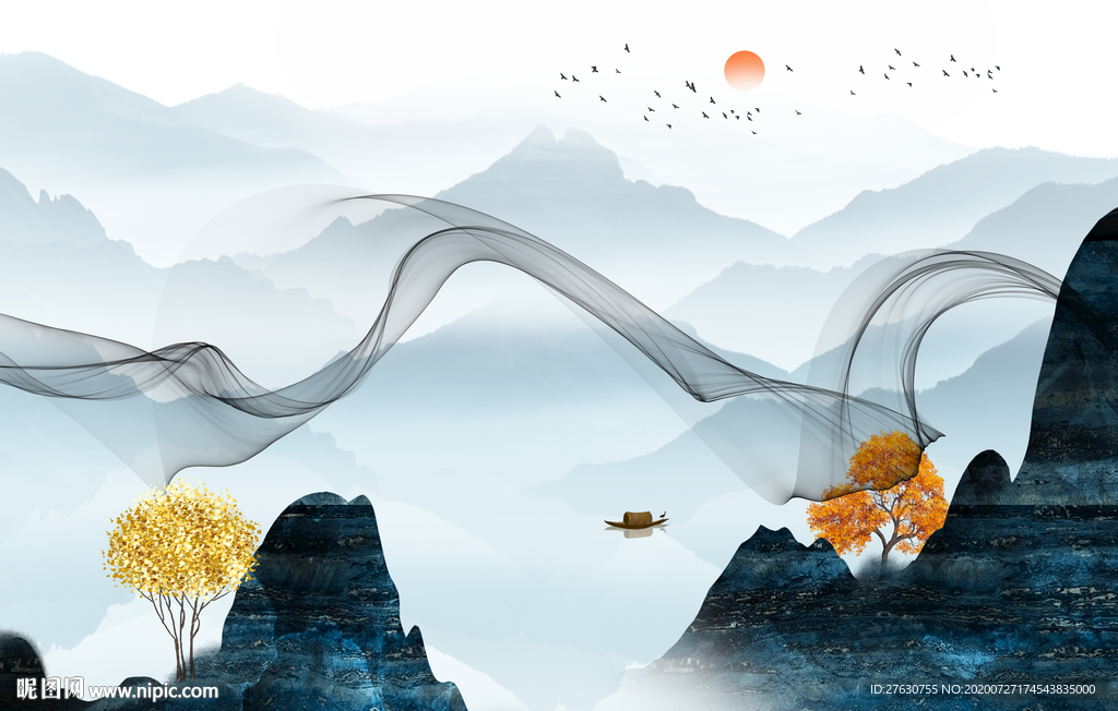 新中式抽象电视背景墙