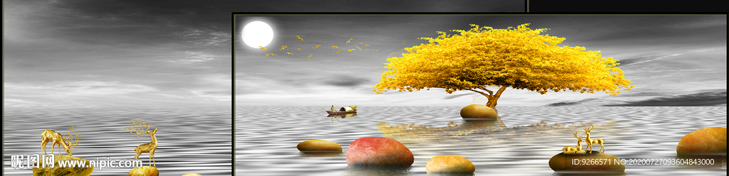 画中画麋鹿山水横幅卧室装饰画