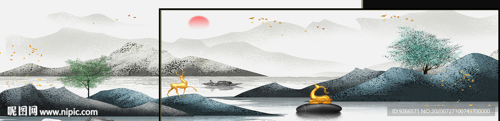 画中画麋鹿山水横幅卧室装饰画