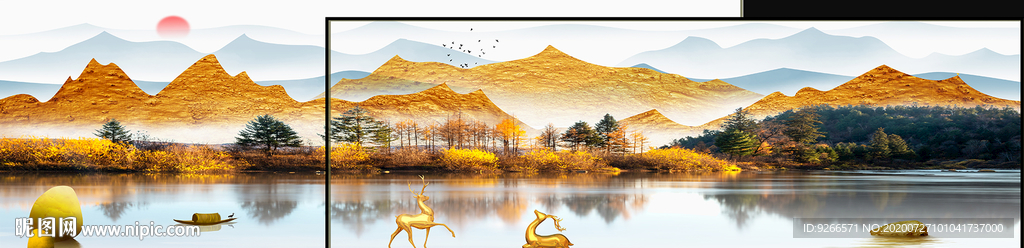 画中画麋鹿山水横幅卧室装饰画