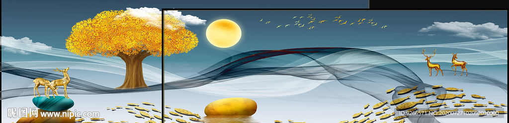 画中画麋鹿山水横幅卧室装饰画