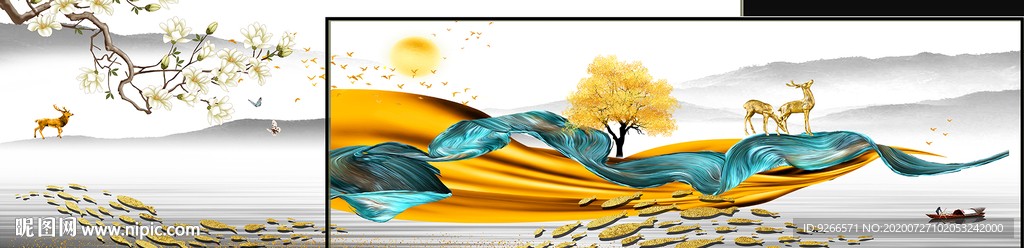 画中画麋鹿山水横幅卧室装饰画