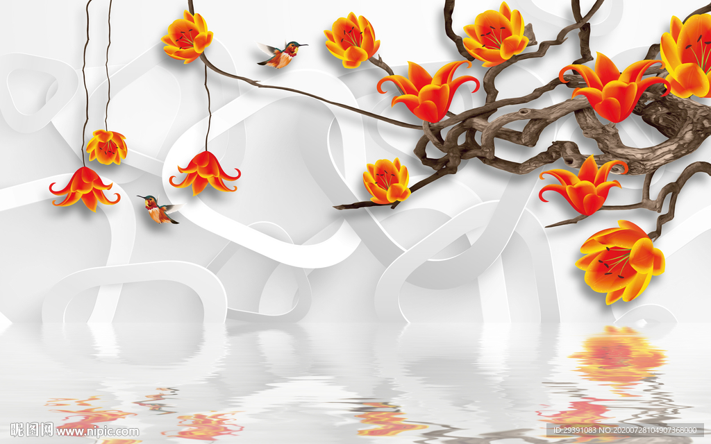 3D橙色花背景墙图片