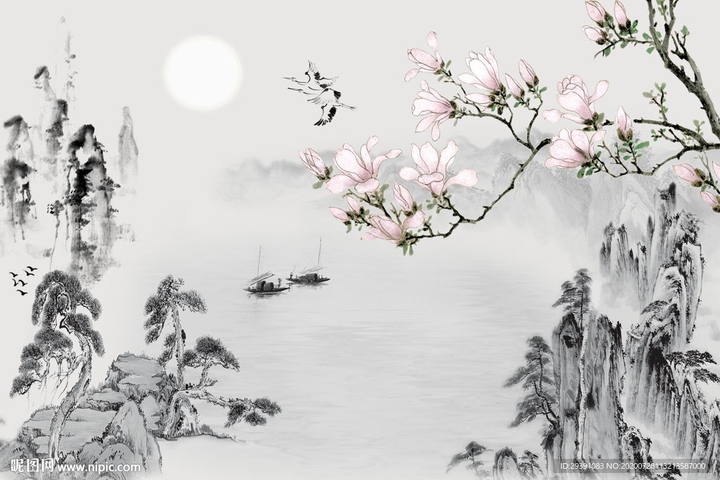 玉兰国画山水图片