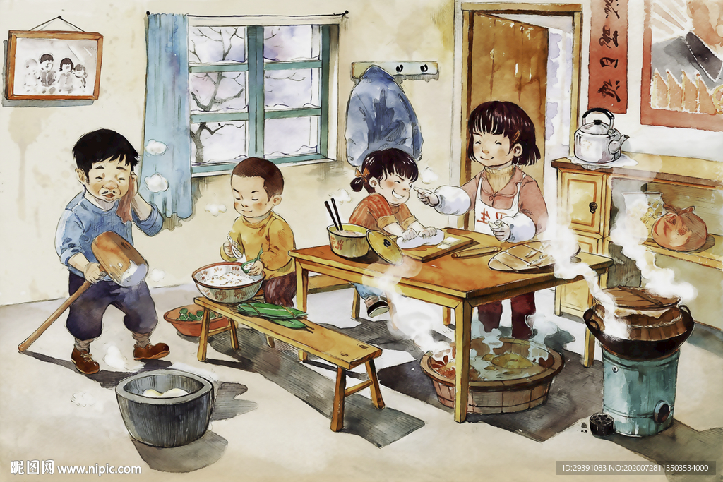 手绘插画一家人吃团圆饭图片