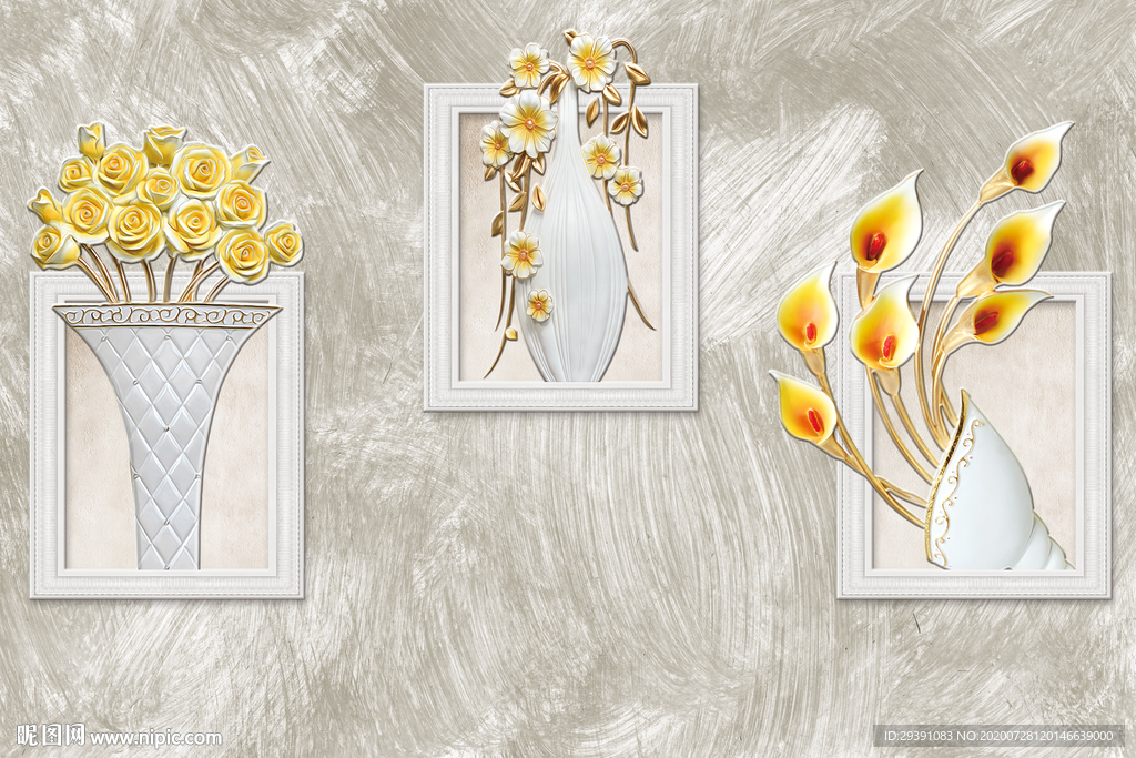 中式浮雕彩雕花瓶黄色玫瑰装饰画