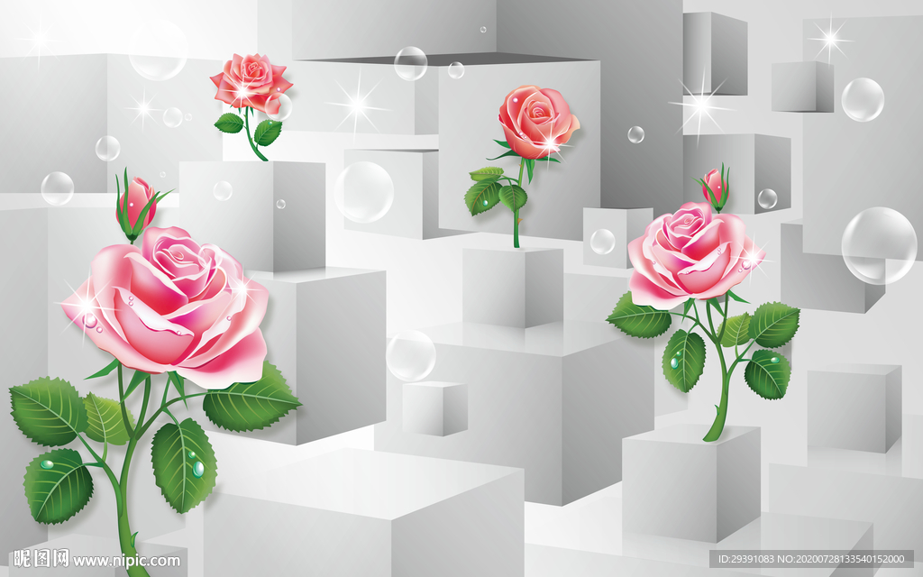 3D立体方块玫瑰背景墙图片