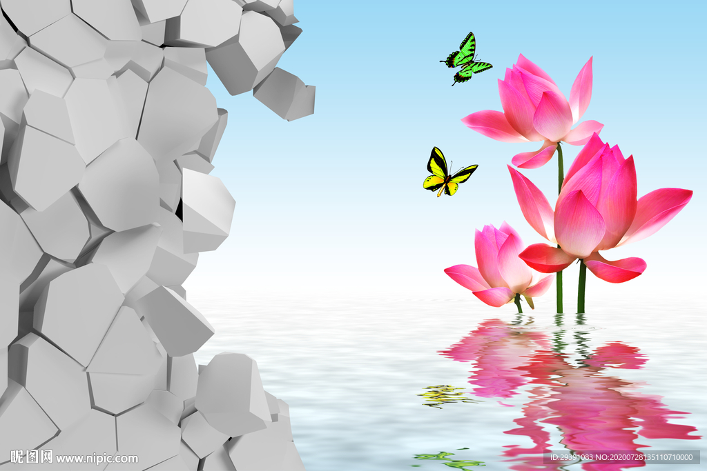 3D砖墙荷花素材图片