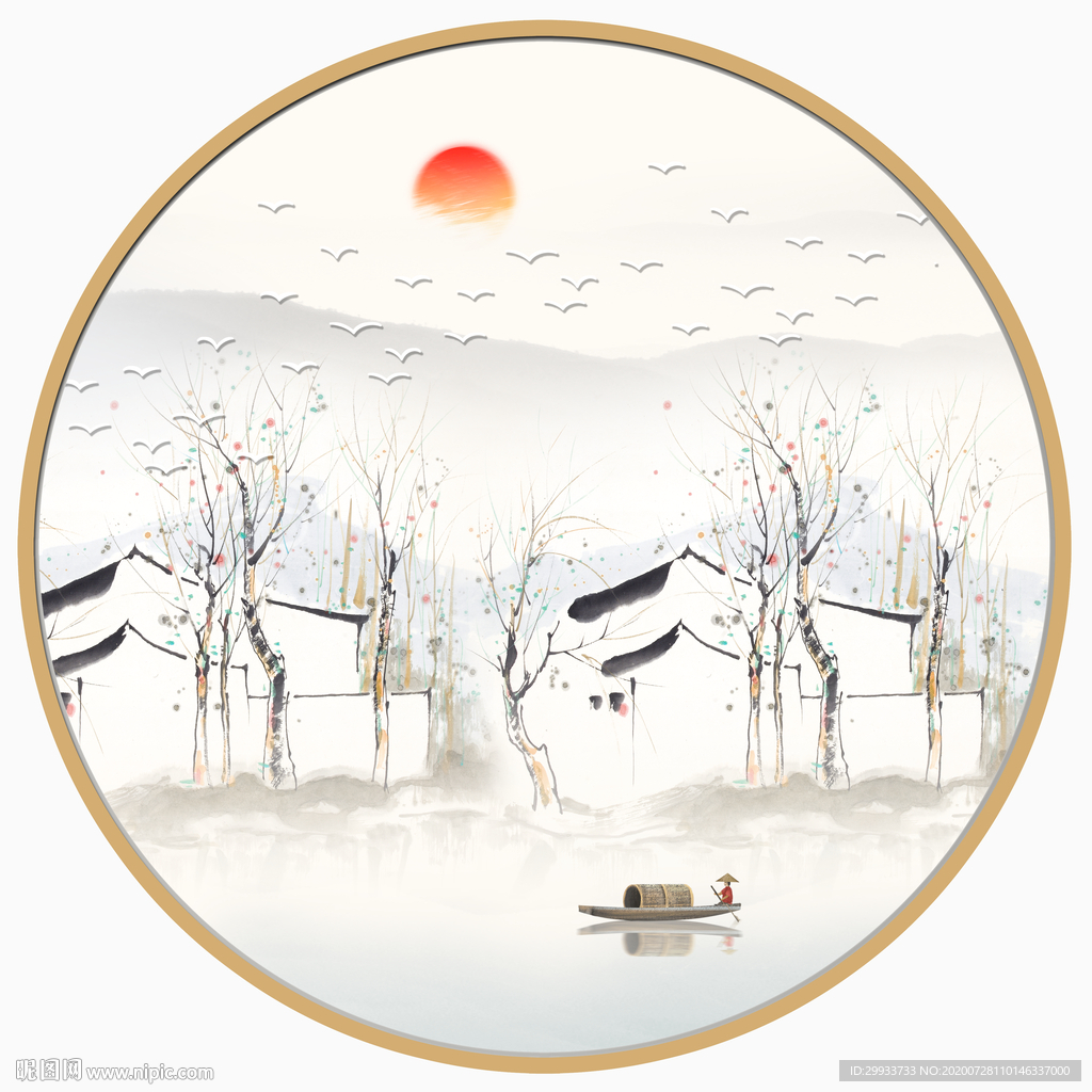 中式徽派建筑山水圆形装饰画