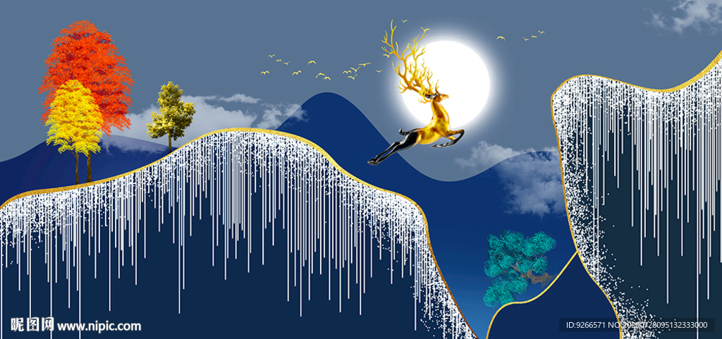 新中式山水麋鹿抽象晶瓷画装饰画
