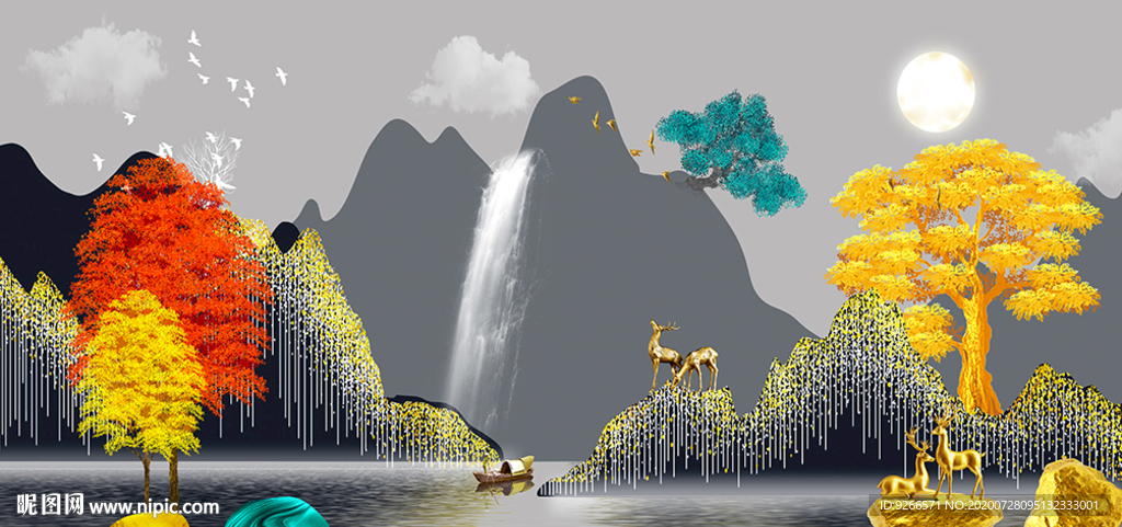 新中式山水麋鹿抽象晶瓷画装饰画