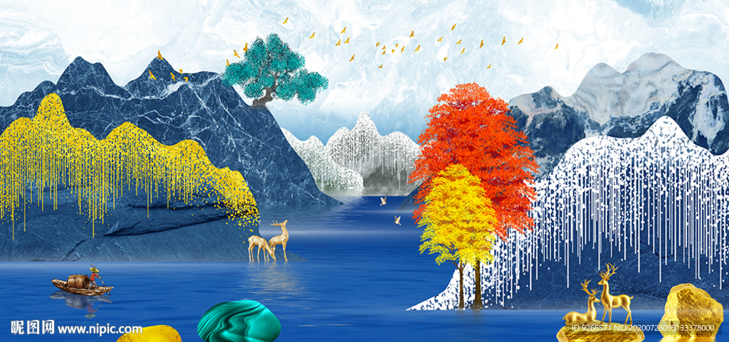 新中式山水麋鹿抽象晶瓷画装饰画