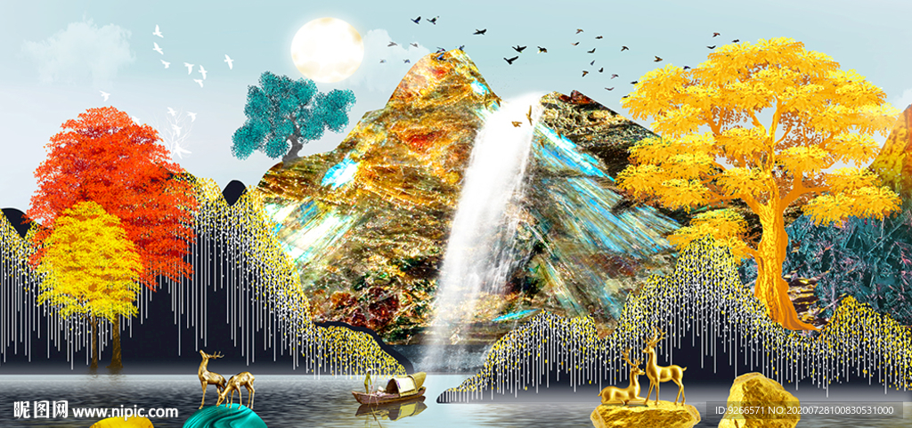 新中式山水麋鹿抽象晶瓷画装饰画