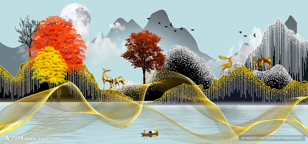 新中式山水麋鹿抽象晶瓷画装饰画