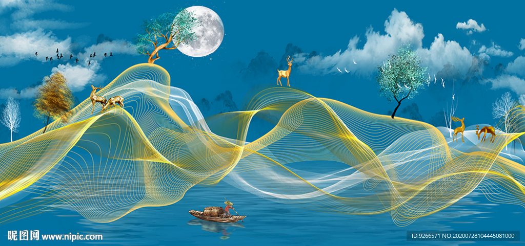 新中式山水麋鹿抽象晶瓷画装饰画