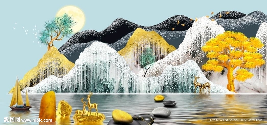 新中式山水麋鹿抽象晶瓷画装饰画