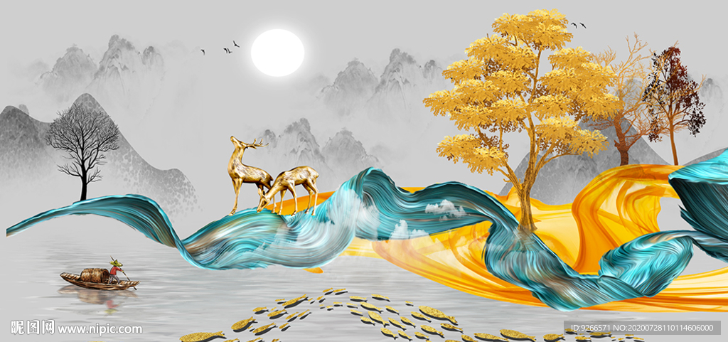新中式山水麋鹿抽象晶瓷画装饰画