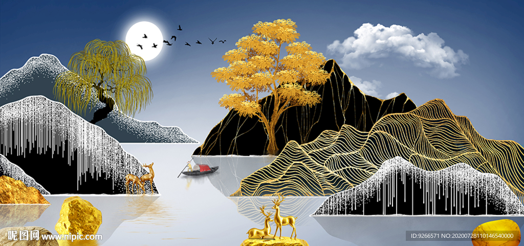 新中式山水麋鹿抽象晶瓷画装饰画