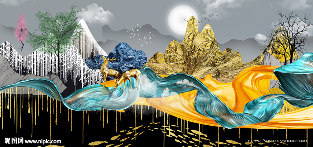 新中式山水麋鹿抽象晶瓷画装饰画