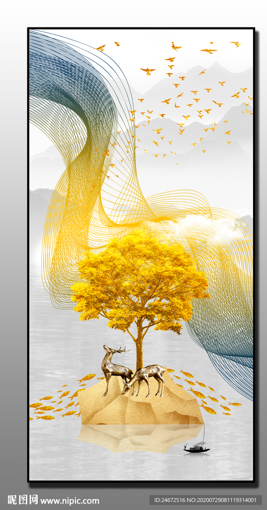 轻奢抽象 线条画 飞鸟