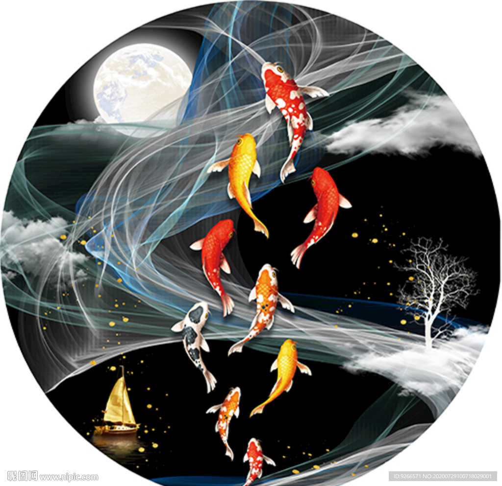 九鱼图抽象圆形装饰画晶瓷画