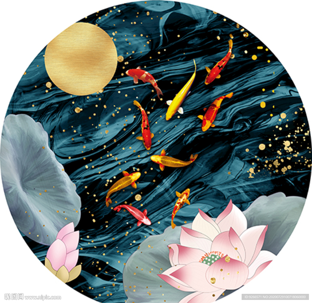 九鱼图抽象圆形装饰画晶瓷画