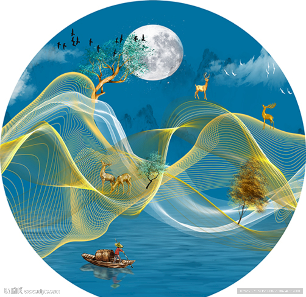 麋鹿山水抽象圆形装饰画晶瓷画