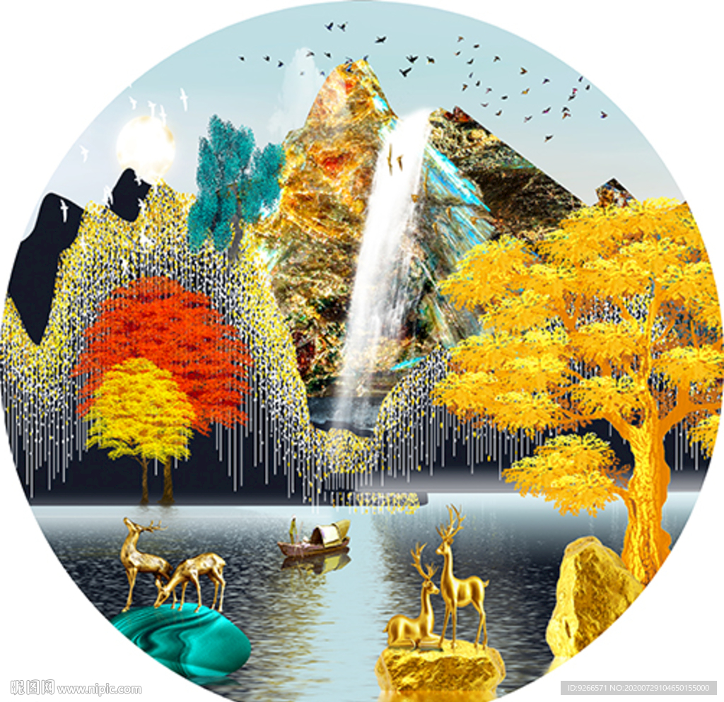 麋鹿山水抽象圆形装饰画晶瓷画