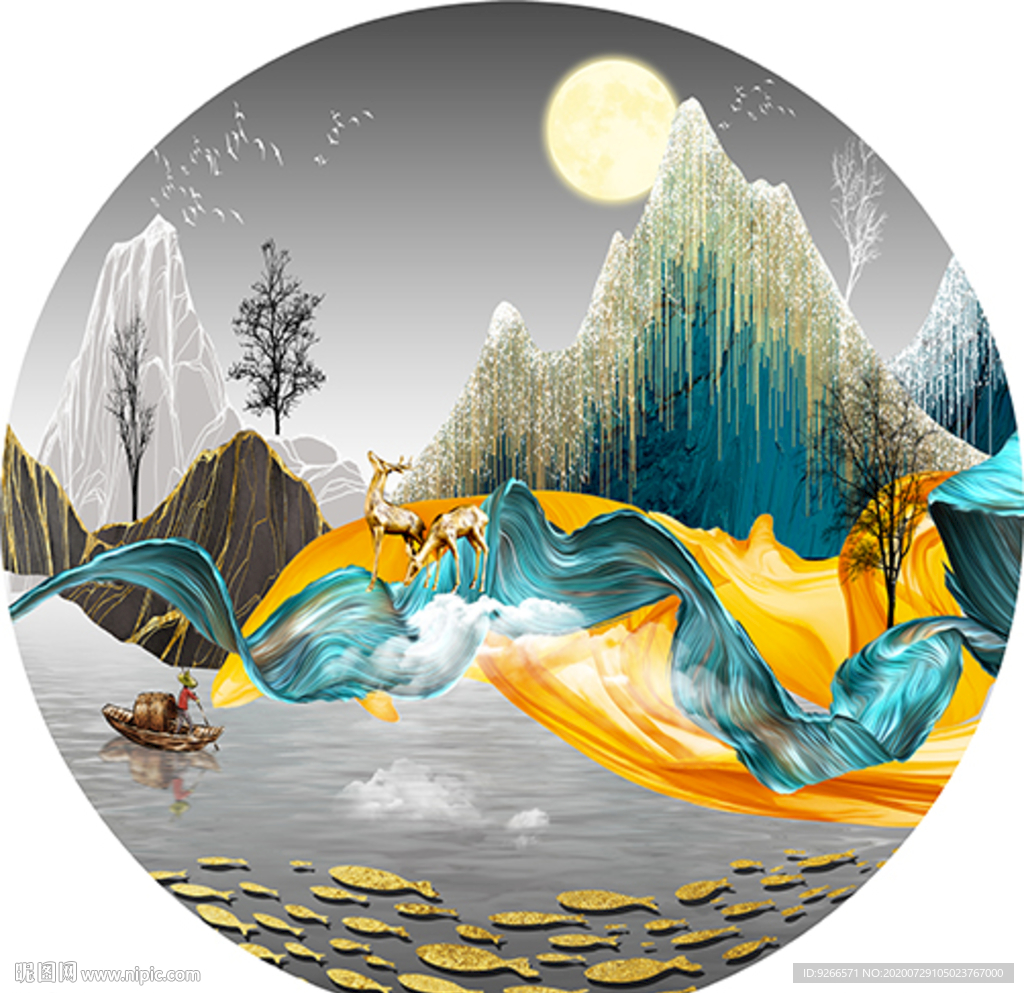 麋鹿山水抽象圆形装饰画晶瓷画