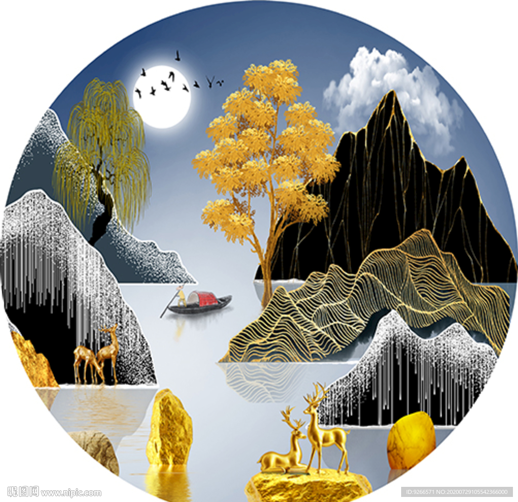麋鹿山水抽象圆形装饰画晶瓷画