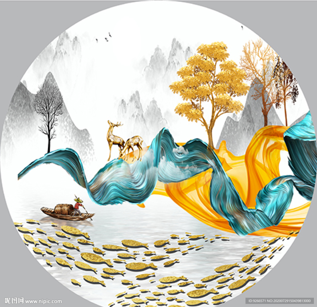 麋鹿山水抽象圆形装饰画晶瓷画