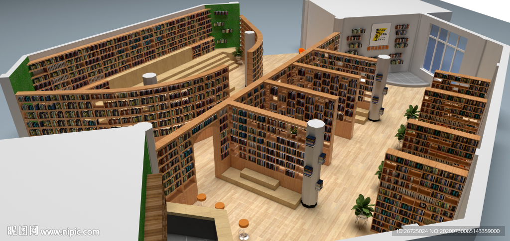 图书馆室内设计俯视鸟瞰效果图