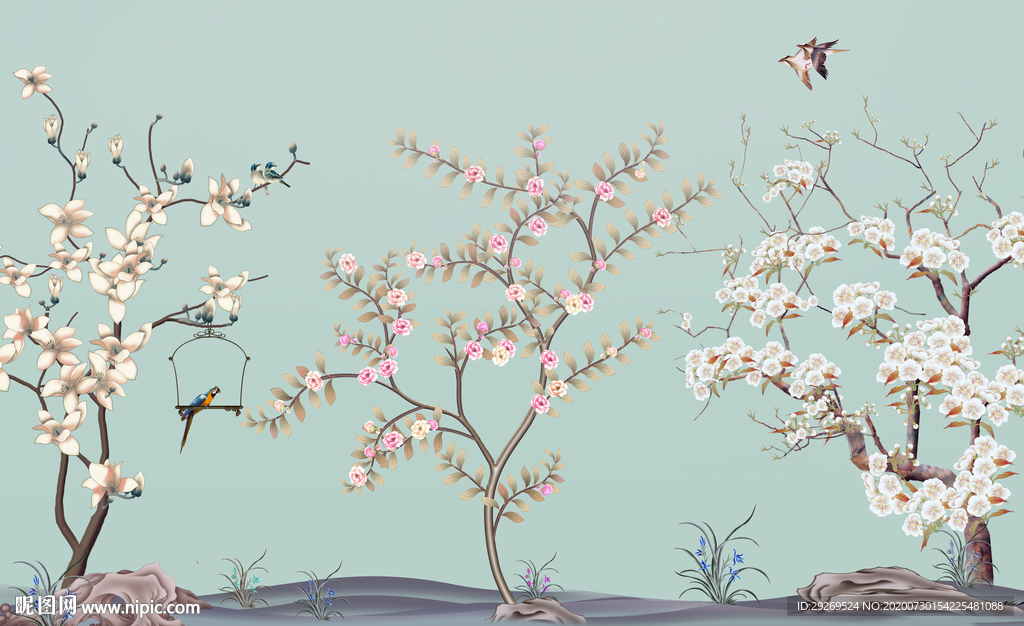 花鸟画玉兰背景墙