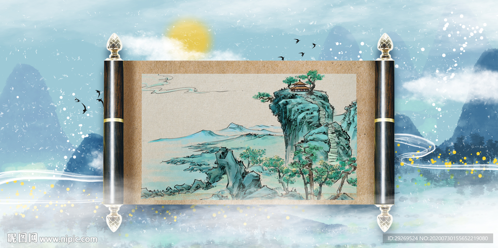 抽象中式山水床头挂画