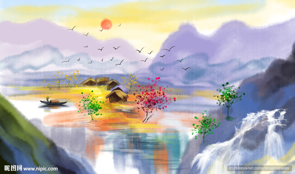 水墨山水小船树太阳背景墙