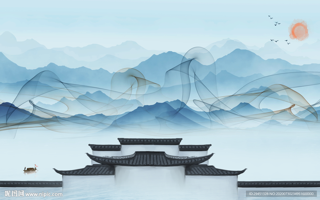 蓝色轻奢新山水画 tif分层