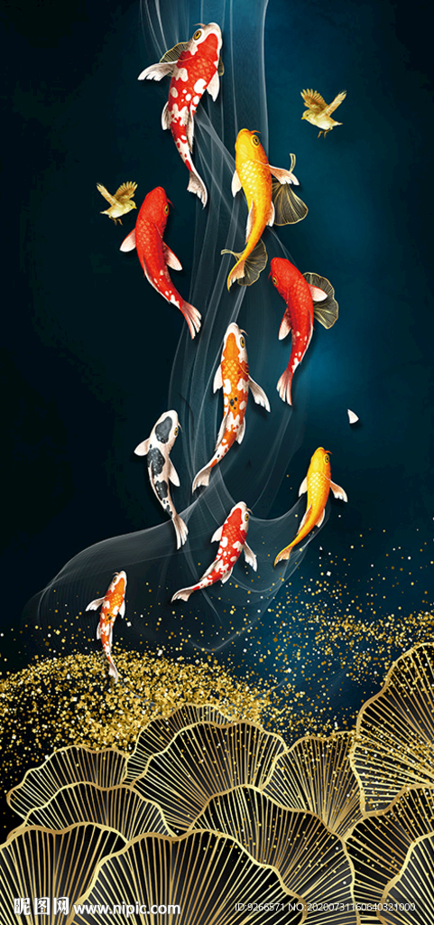 轻奢九鱼抽象线条风景晶瓷画装饰