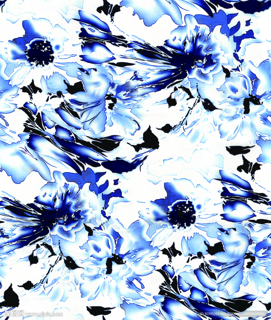 水墨花 手绘花 数码印花 宝蓝