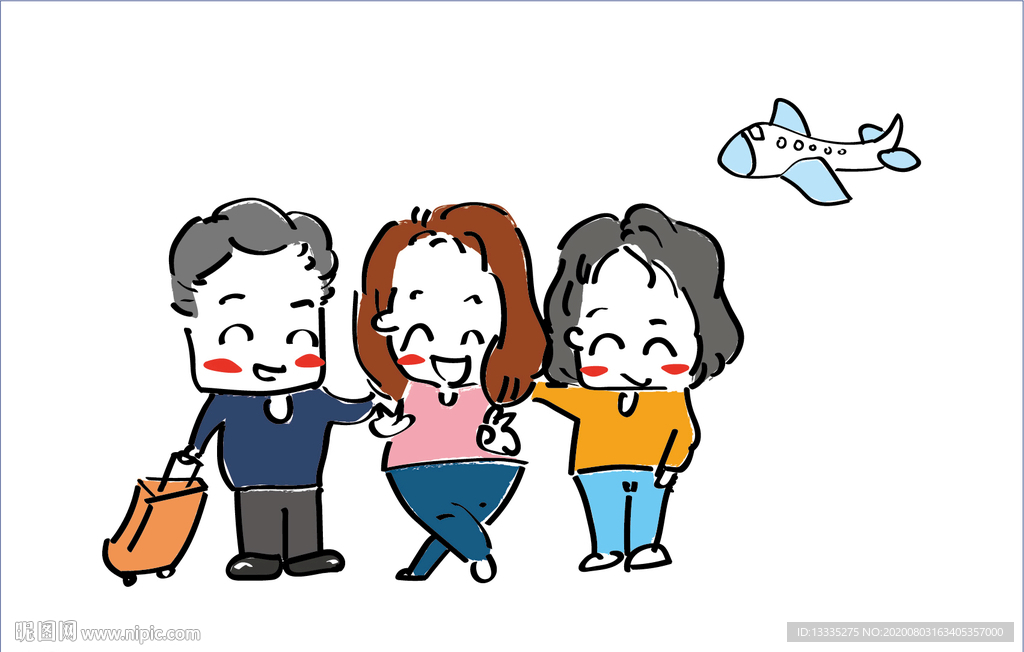 手绘风格漫画全家旅游