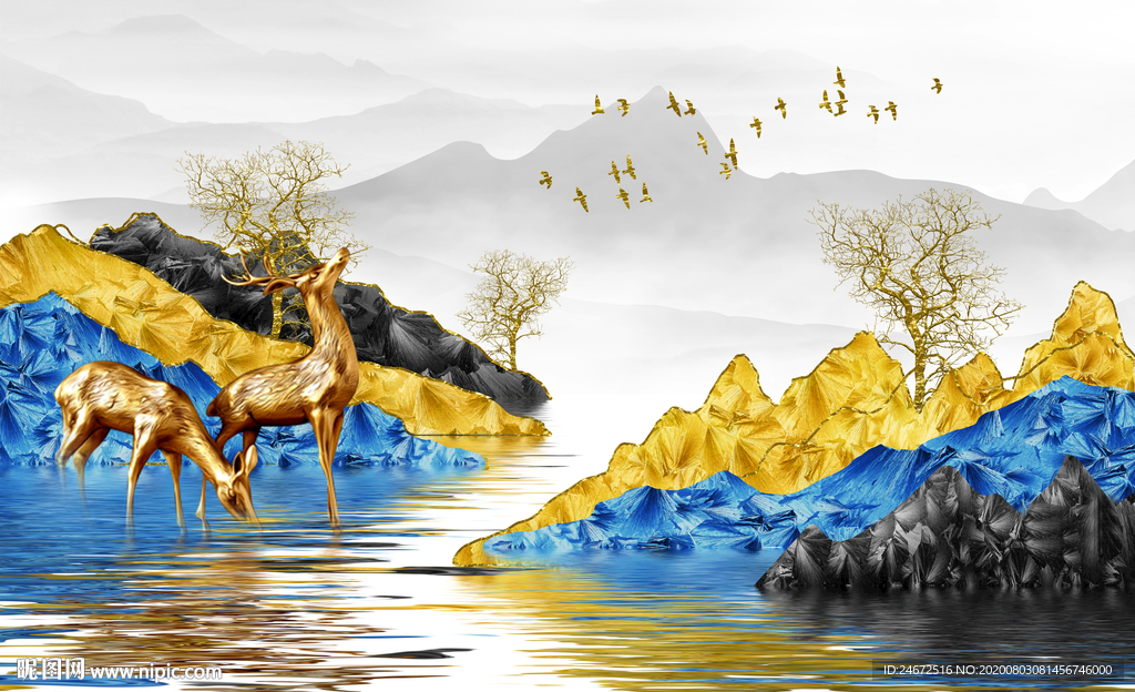 麋鹿山水画