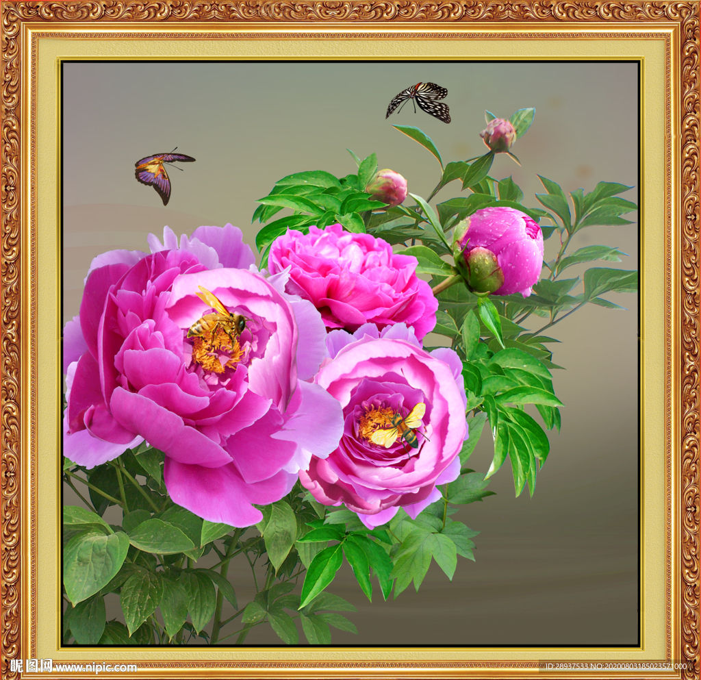 原创高清牡丹蝴蝶装饰画