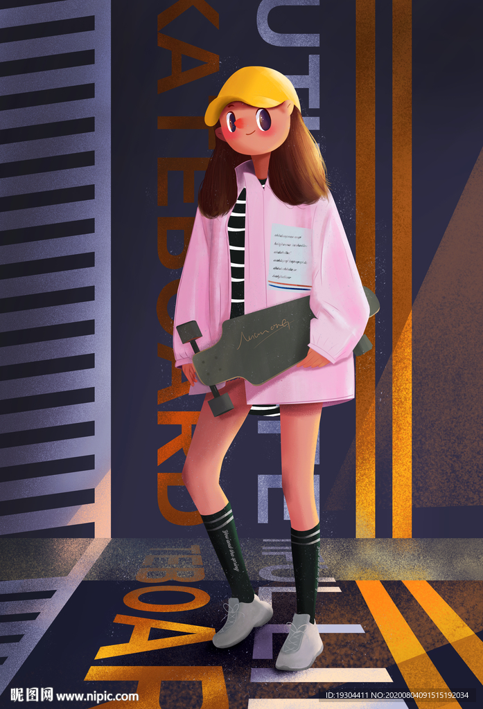插画 运动 滑板 女孩