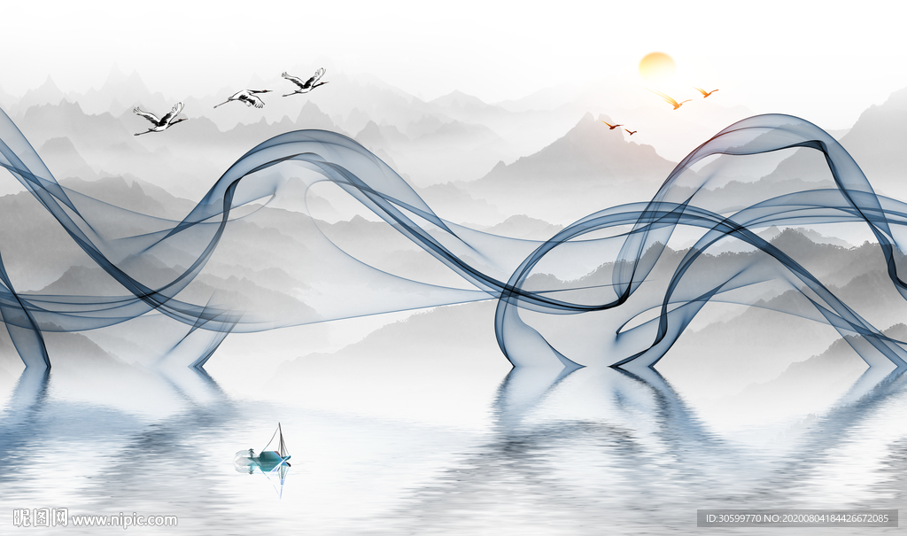 新中式抽像水墨山水背景装饰画