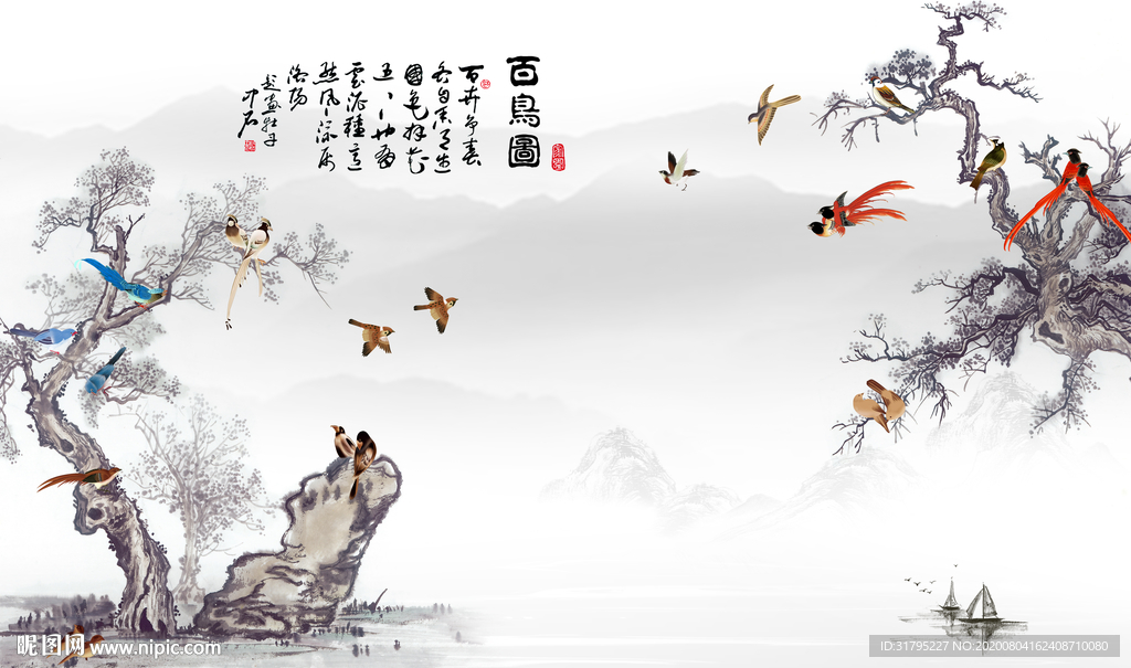 花鸟画百鸟图背景墙