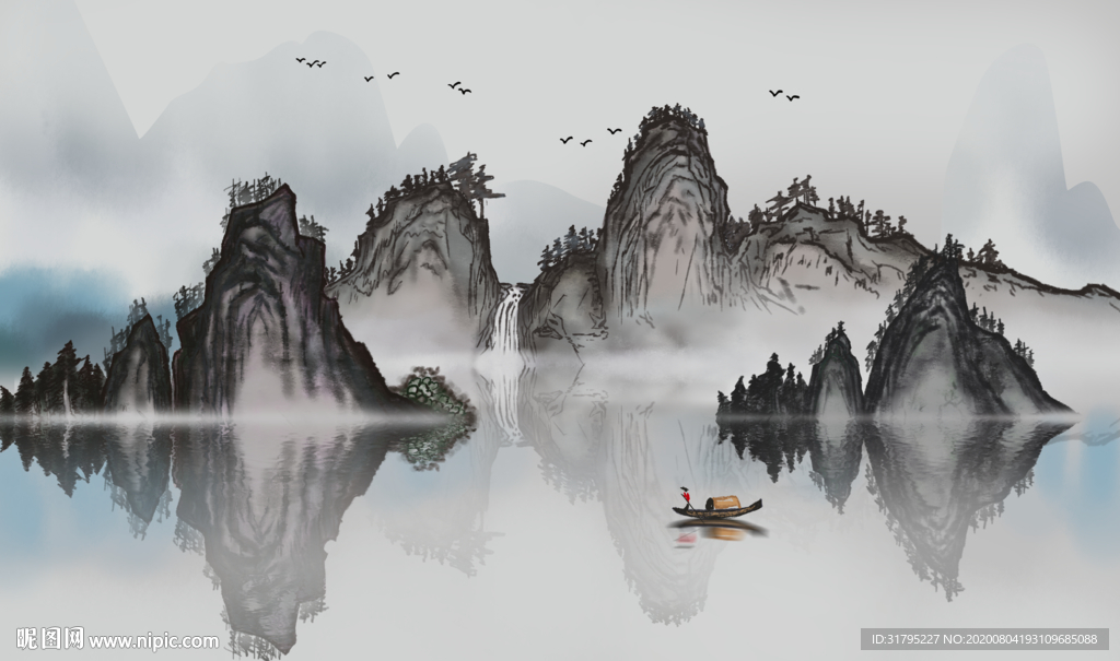 水墨山水小船背景墙