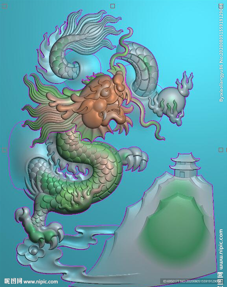 山水带鳞龙牌挂件精雕图浮雕灰度
