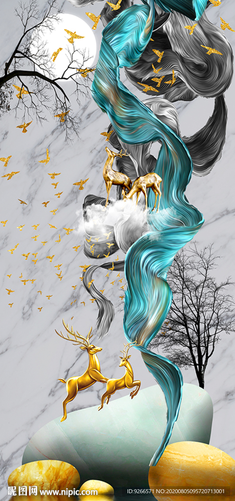 石来运转麋鹿山水玄关装饰画