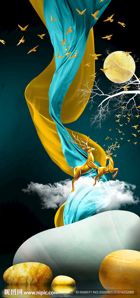 石来运转麋鹿山水玄关装饰画