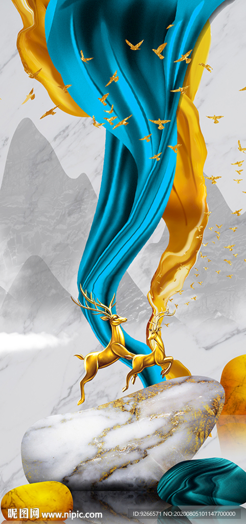 石来运转麋鹿山水玄关装饰画