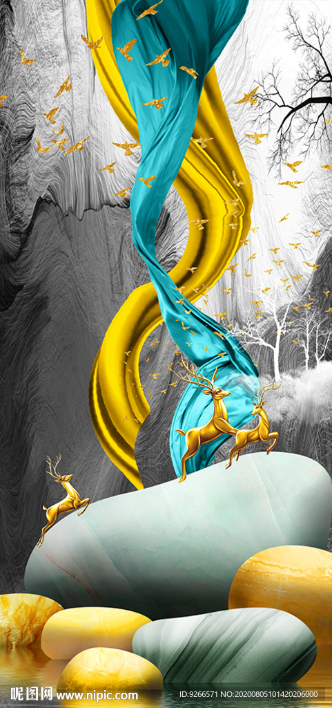 石来运转麋鹿山水玄关装饰画